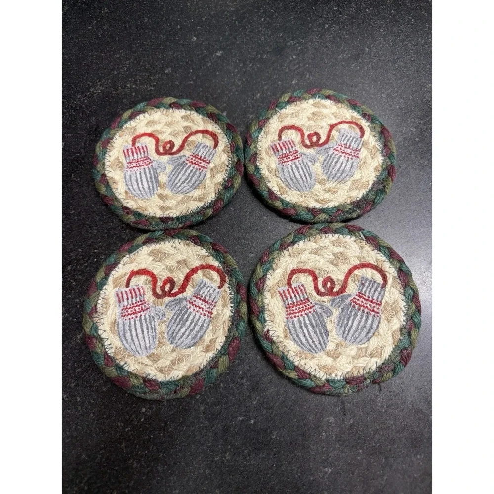 Set of 4 Capitol Earth Rugs Winter Mittens Jute Coasters 5x5 C-508 Round Holiday